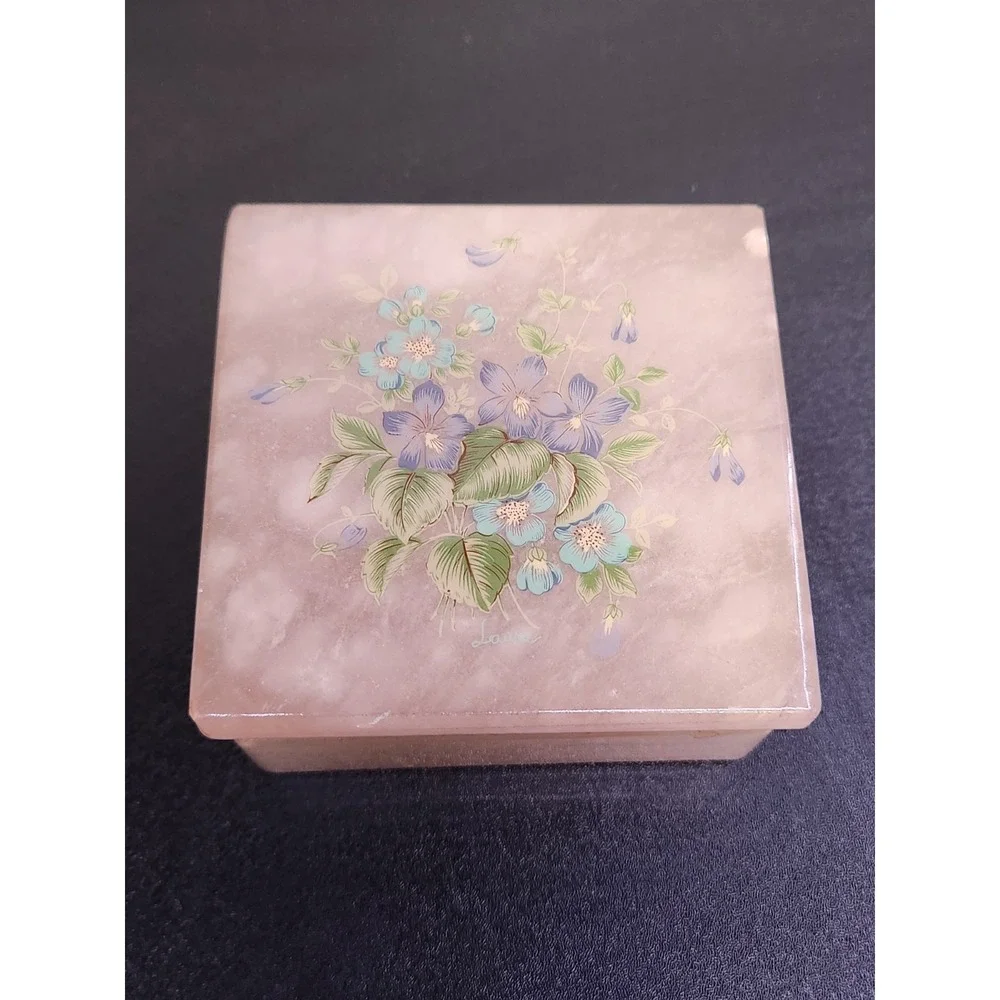 Vtg  Hinged Make Up Pill Box Pink Trinket Ring Marble Flower Print 2.5